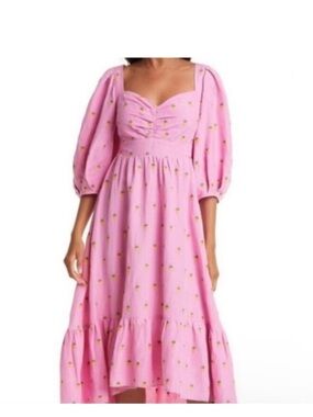 Farm Rio Pink Puff Sleeve Midi Dress with Ruffle Hem
